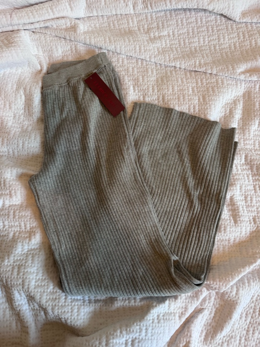 Ribbed Knit Lounge Pants Wide Lega Women Gray Soft Stretch - Large
